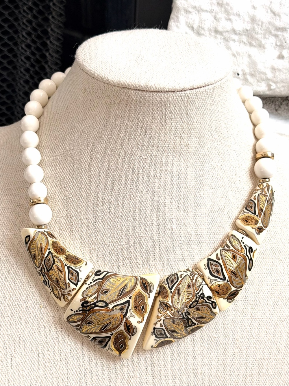 Vintage Hand Painted Ceramic Statement Necklace Cream Gold Brown 17”